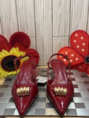 Mango Red Patent Pointed Slingback Heels with Gold Ornament